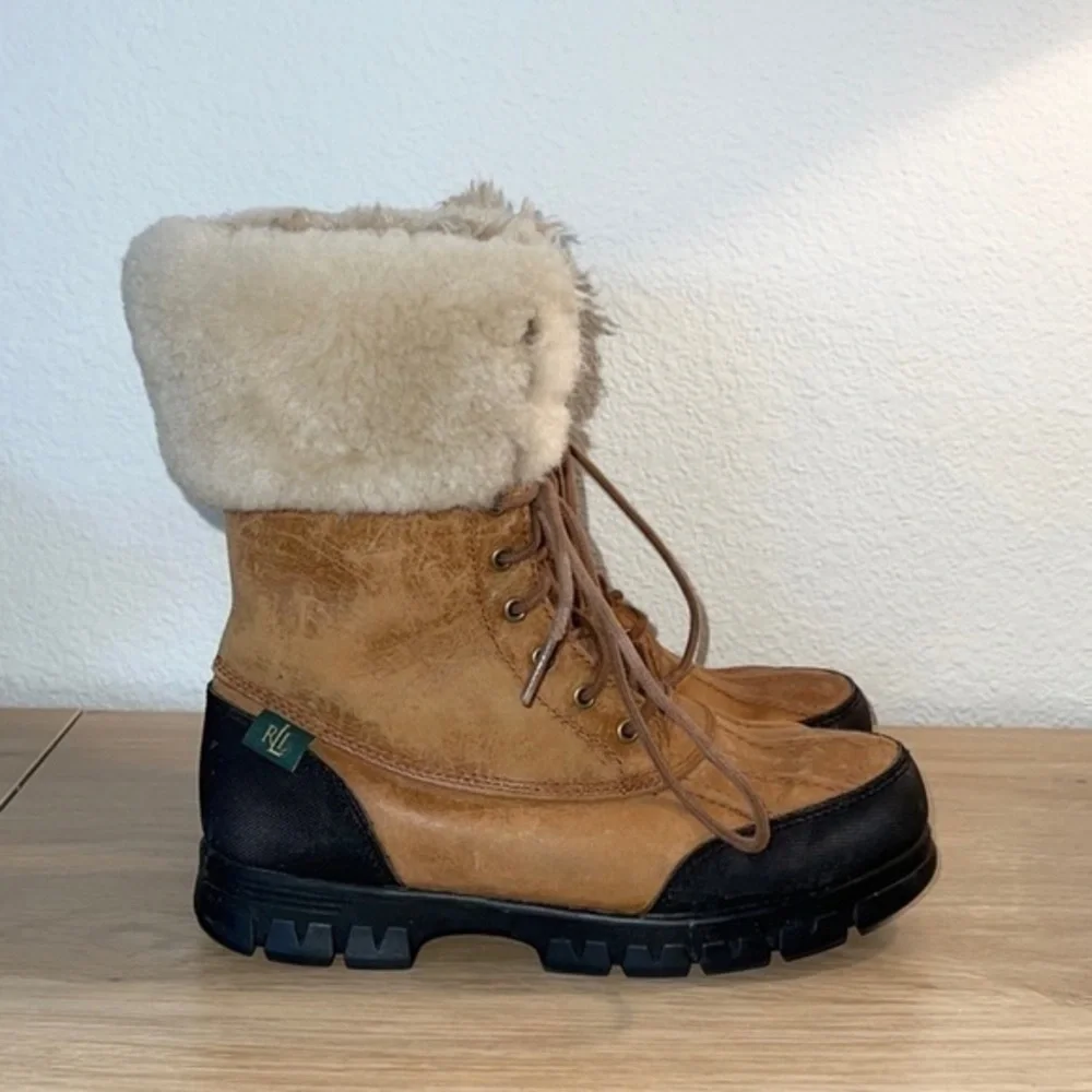 Ralph Lauren‎ Quinta Tan Brown Leather Shearling Mid Calf Winter Boots